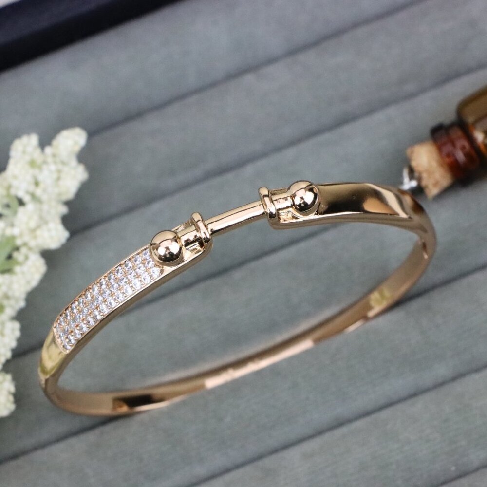 Rose Gold Bangle with Ball-End Design and Crystal Pavé Accent, XPBL0566